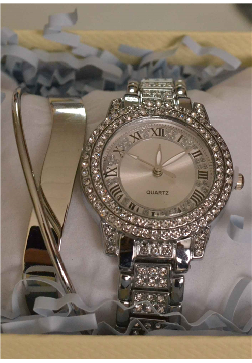 Silver Quartz Diamond Watch/Bracelet set