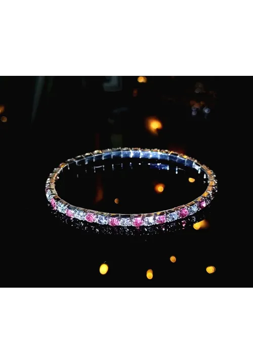 Diamante Bracelet - Elasticated Pink & White Stone on Silver 