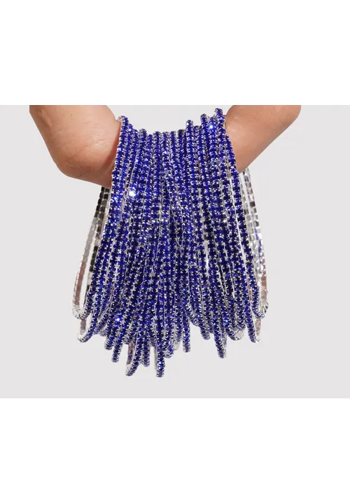 Diamante Bracelet Pack of 10 - Elasticated Blue on Silver