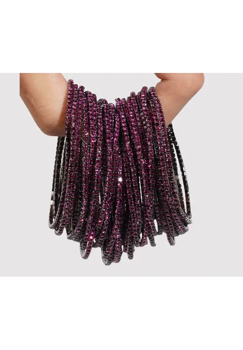 Diamante Bracelet Pack of 10 - Elasticated Purple on Black 