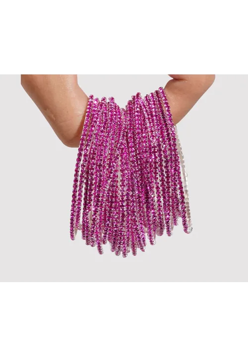 Diamante Bracelet Pack of 10 - Elasticated Pink on Silver