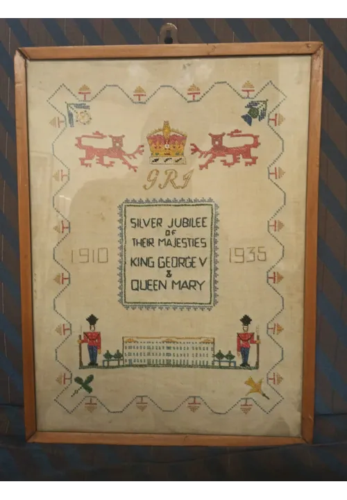 Vintage 1936 Hand Embroidered King George V & Queen Mary Jubilee Linen Fabric Framed