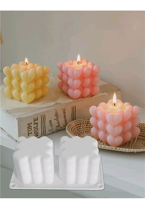 2 Cavity Heart Bubble Cube Candle Mould